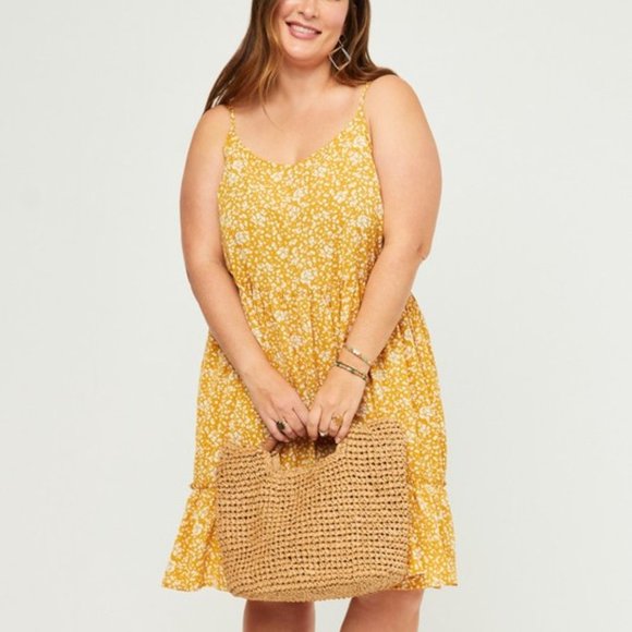 Hayden Plus Size Mustard Plus Floral Ruffle Tiered Sleeveless Dress 1X - 3X - Picture 5 of 5